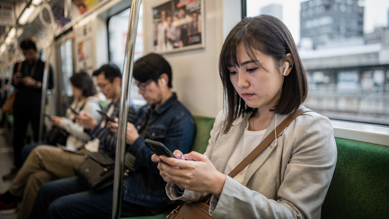 En ung kvinde sidder på en travl metro i Tokyo, sandsynligvis JR Yamanote-linjen, med et forvirret udtryk, mens hun holder sin telefon. Hendes skærm er tom eller viser en fejlmeddelelse, mens andre passagerer omkring hende bruger deres telefoner uden problemer, illustrerende en forbindelsesudfordring.