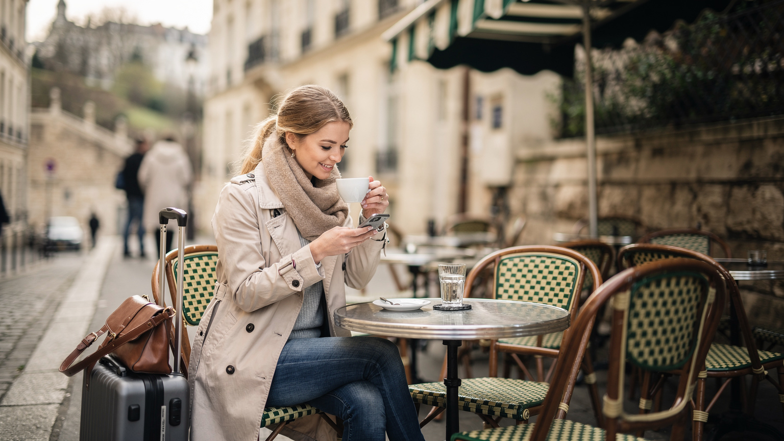 En ung dansk kvinde sidder ved et lille rundt bord på en fortovscafé i Paris' Montmartre-distrikt, nipper til en espresso, mens hun kigger på sin smartphone. En lille kuffert og en skuldertaske står ved siden af hendes stol.