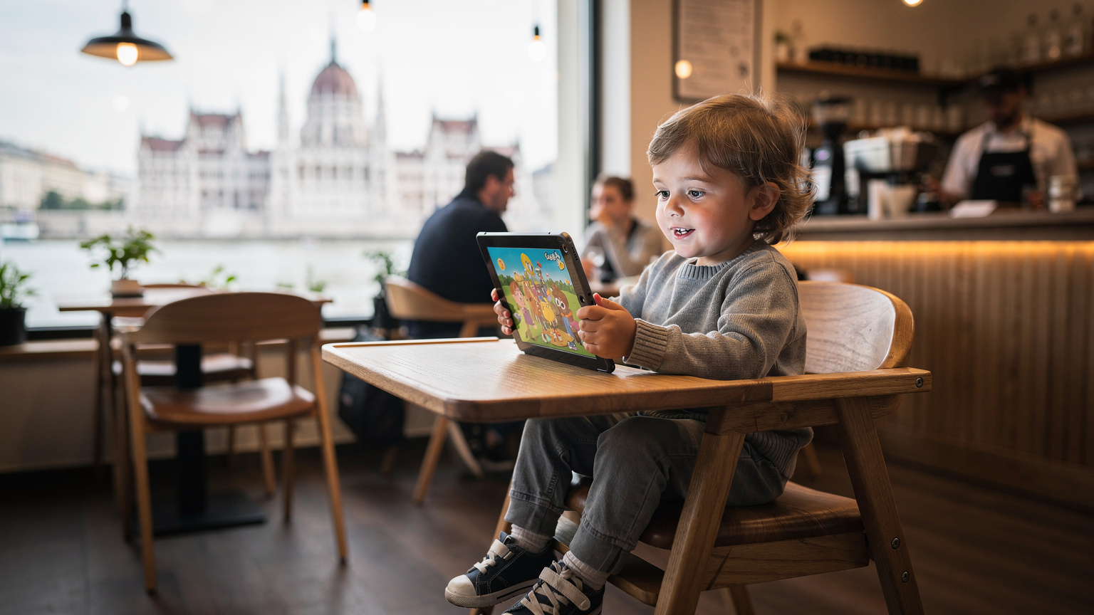 Malé dieťa v predškolskom veku sedí na detskej stoličke v štýlovej kaviarni v Budapešti a sústredene pozerá na tablet. Rodičia, sediaci oproti, relaxujú s kávou, v pozadí je rozmazaná silueta budovy maďarského parlamentu.