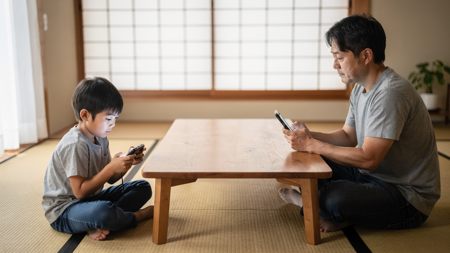 日本の伝統的な和室で、子供がNintendo Switchでオンラインゲームを楽しんでいる。父親が隣で、スマートフォンのテザリング設定画面を見ている。