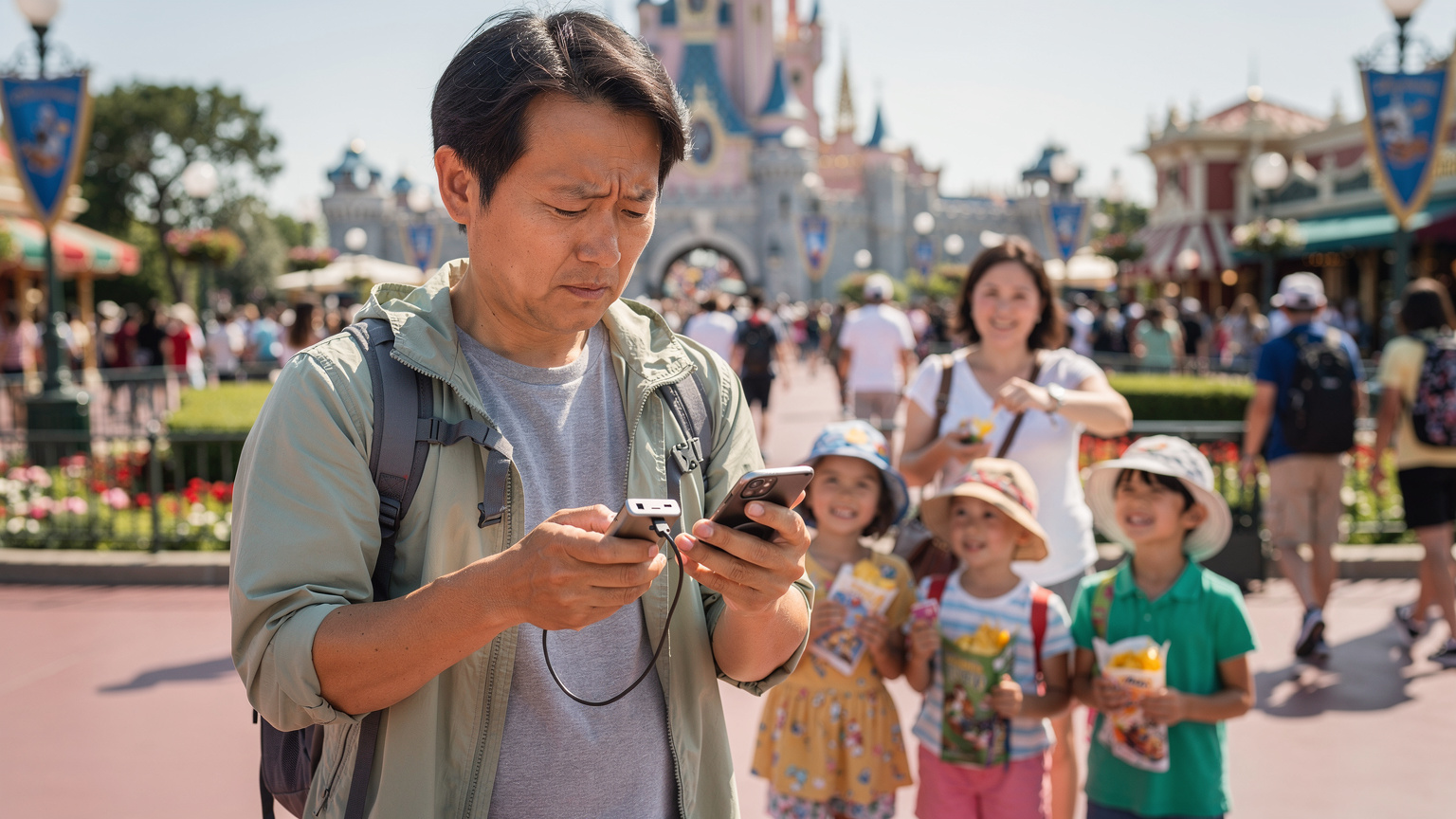 家族で楽しんでいるフランスのディズニーランド・パリ。父親が、充電が切れそうなスマートフォンをモバイルバッテリーで充電しながら、公式アプリでアトラクションの待ち時間をチェックしている。