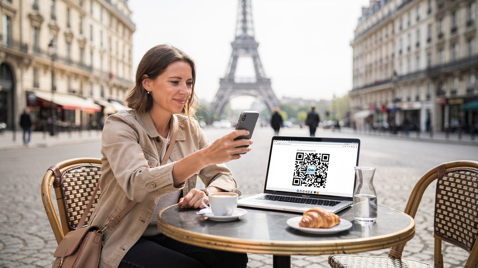 Bir seyahat blog yazarı, Paris'te Eyfel Kulesi manzaralı bir kafede oturmuş, dizüstü bilgisayarındaki eSIM QR kodunu iPhone'una tarıyor. Telefon ekranında kurulum adımları belirgin.
