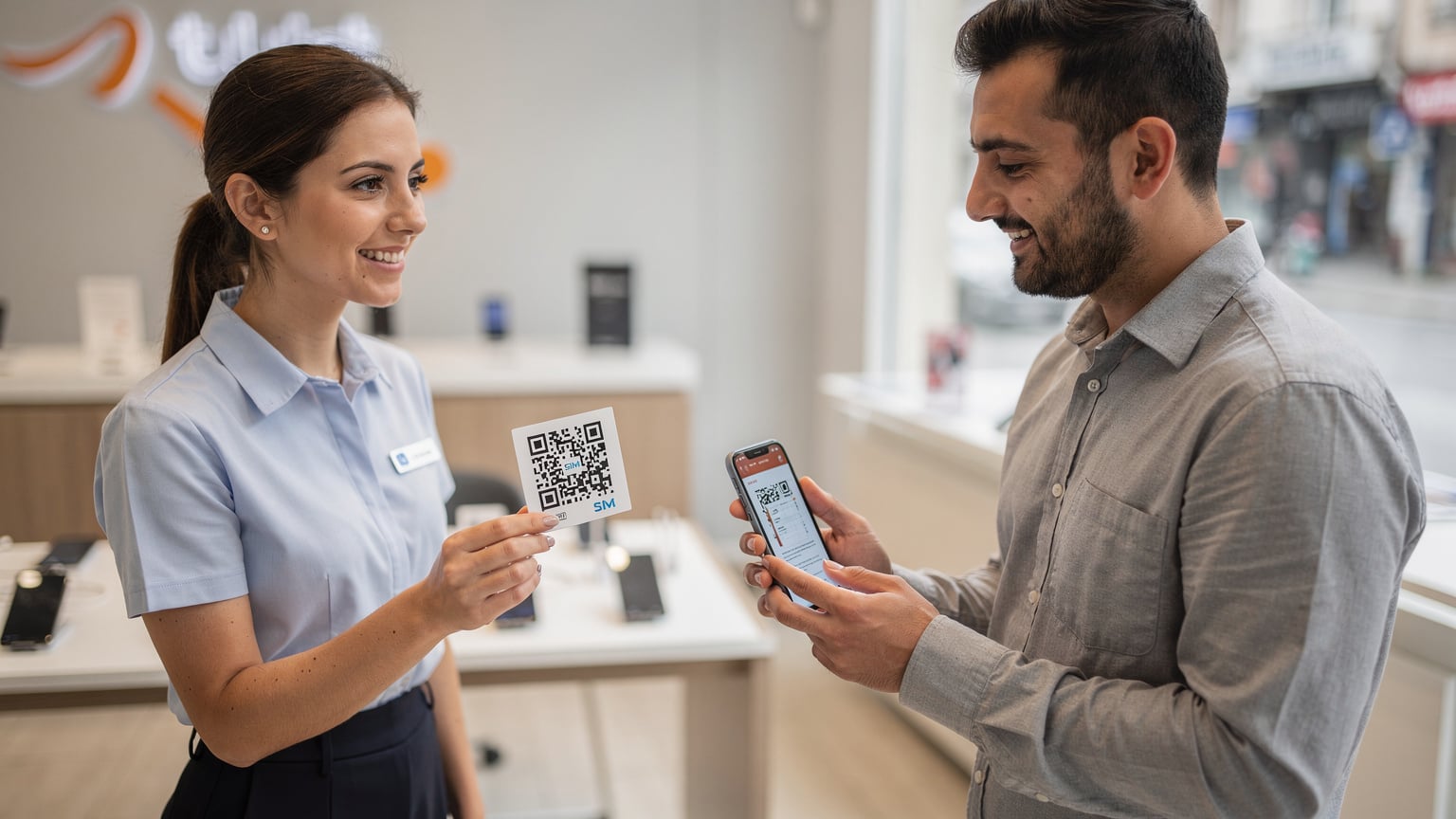 Bir teknoloji mağazasında, müşteri hizmetleri temsilcisi bir müşteriye eSIM QR kodunu gösteriyor. Müşteri ise bu kodu telefonuna taramak üzere hazırlanıyor.