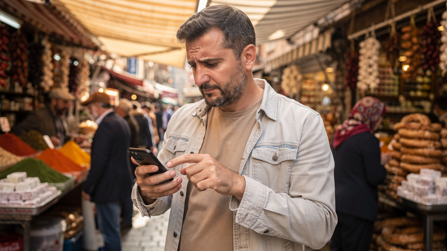 Kalabalık bir İstanbul çarşısında, telefonunu elinde endişeyle tutan bir adam, eSIM bağlantı sorununu çözmeye çalışıyor. Arka planda hareketli satıcılar ve dükkanlar.