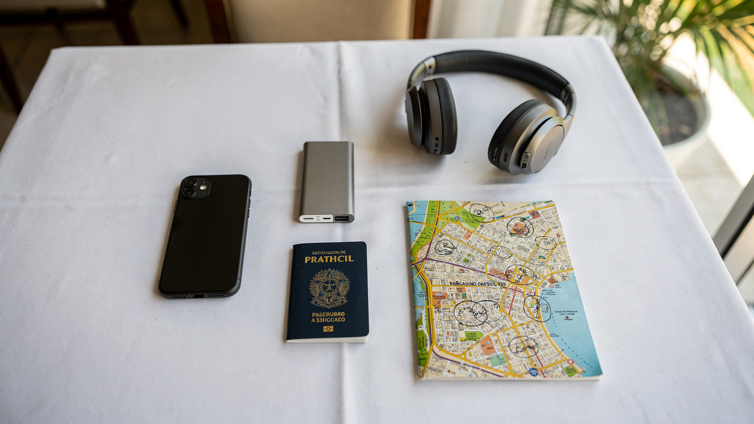 Uma mesa de café da manhã em um hotel em Salvador, com um iPhone 11, um power bank, passaporte, fones de ouvido e um mapa da cidade, tudo organizado para um dia de turismo.