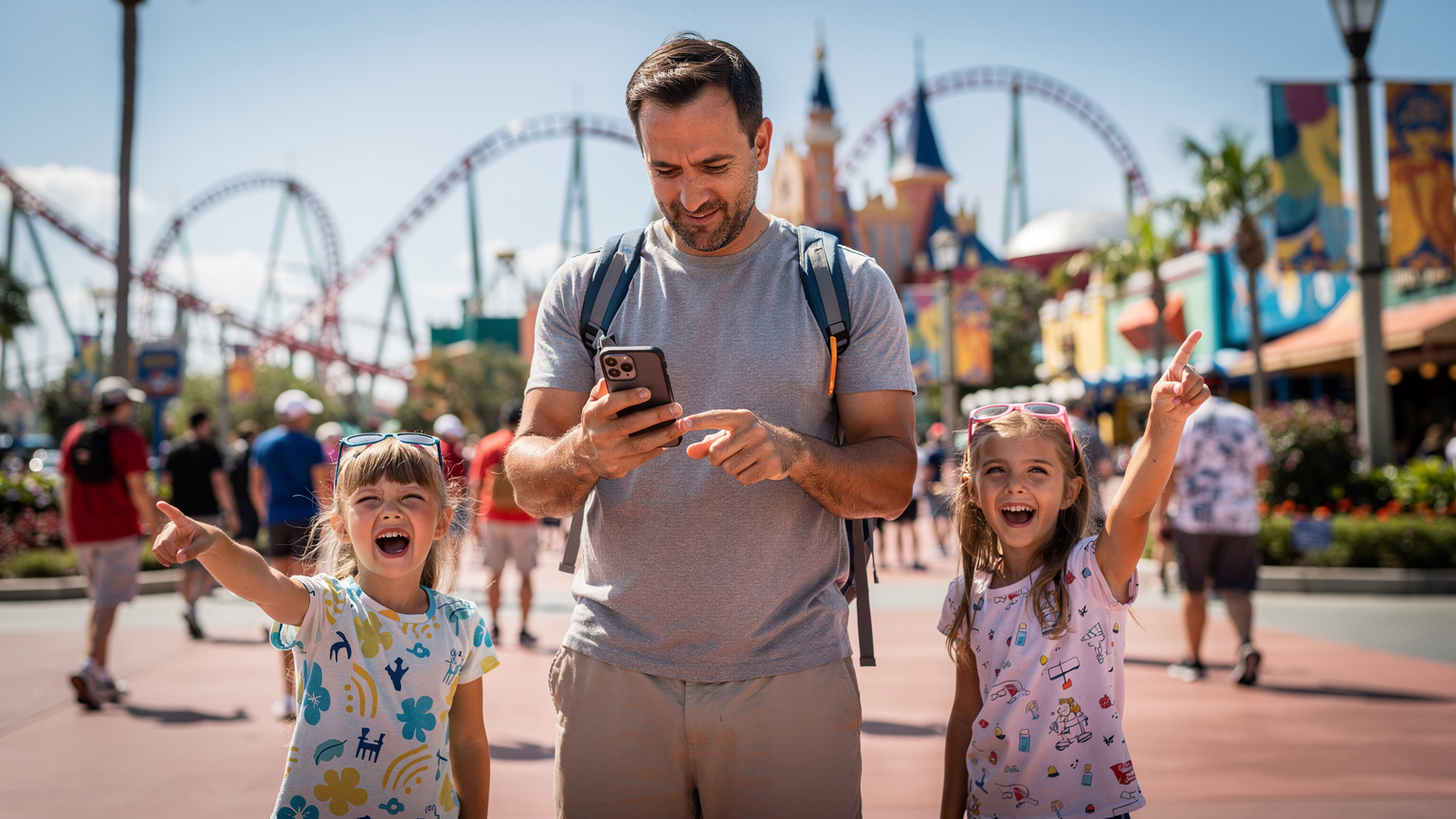 Uma família animada em um parque temático em Orlando, com o pai olhando para o smartphone para verificar horários de atrações, enquanto as crianças riem ao fundo.