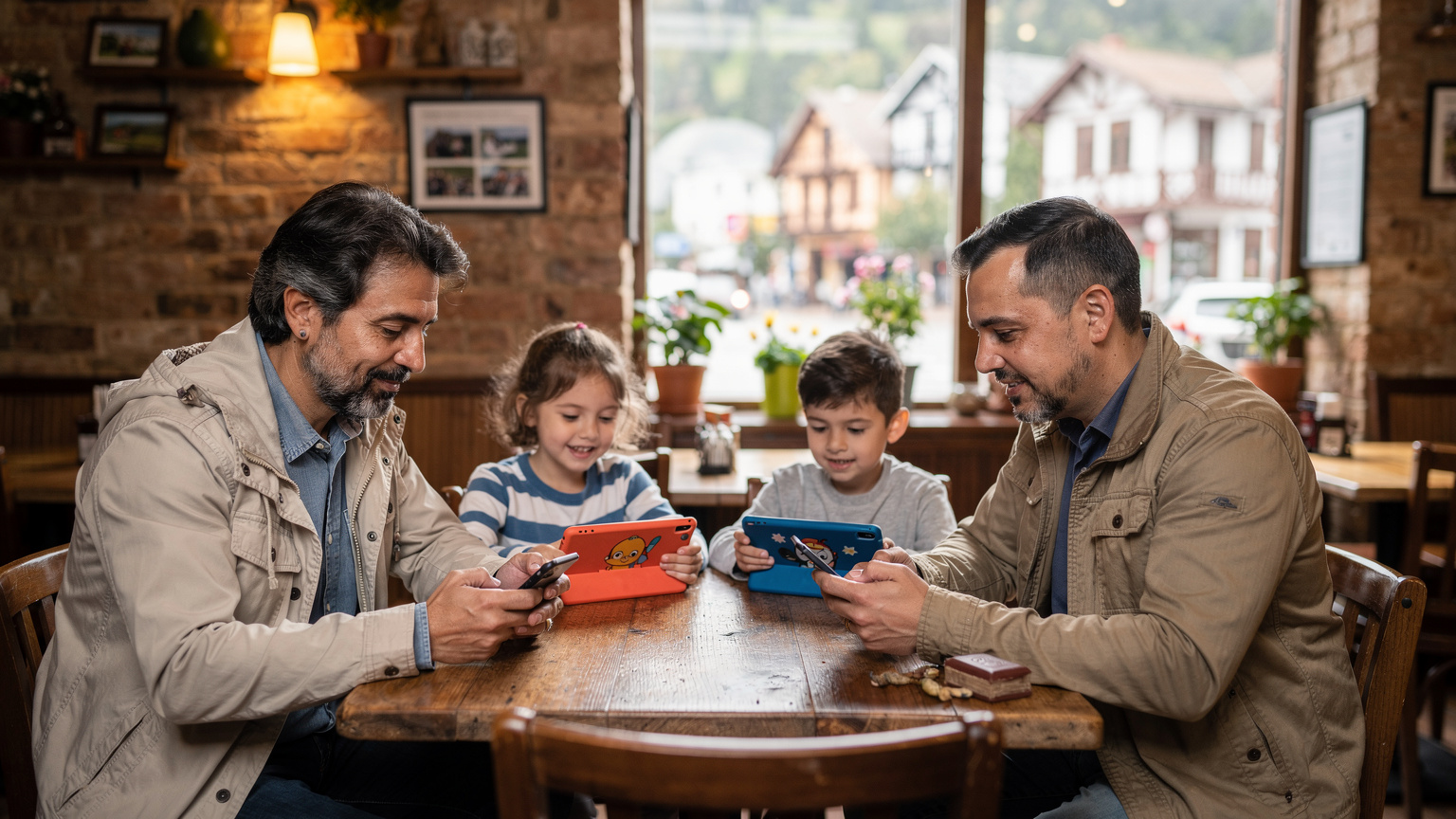 Uma família em um café acolhedor em Gramado, com os pais conferindo o smartphone e as crianças entretidas com tablets, ilustrando a importância da conectividade em viagens.