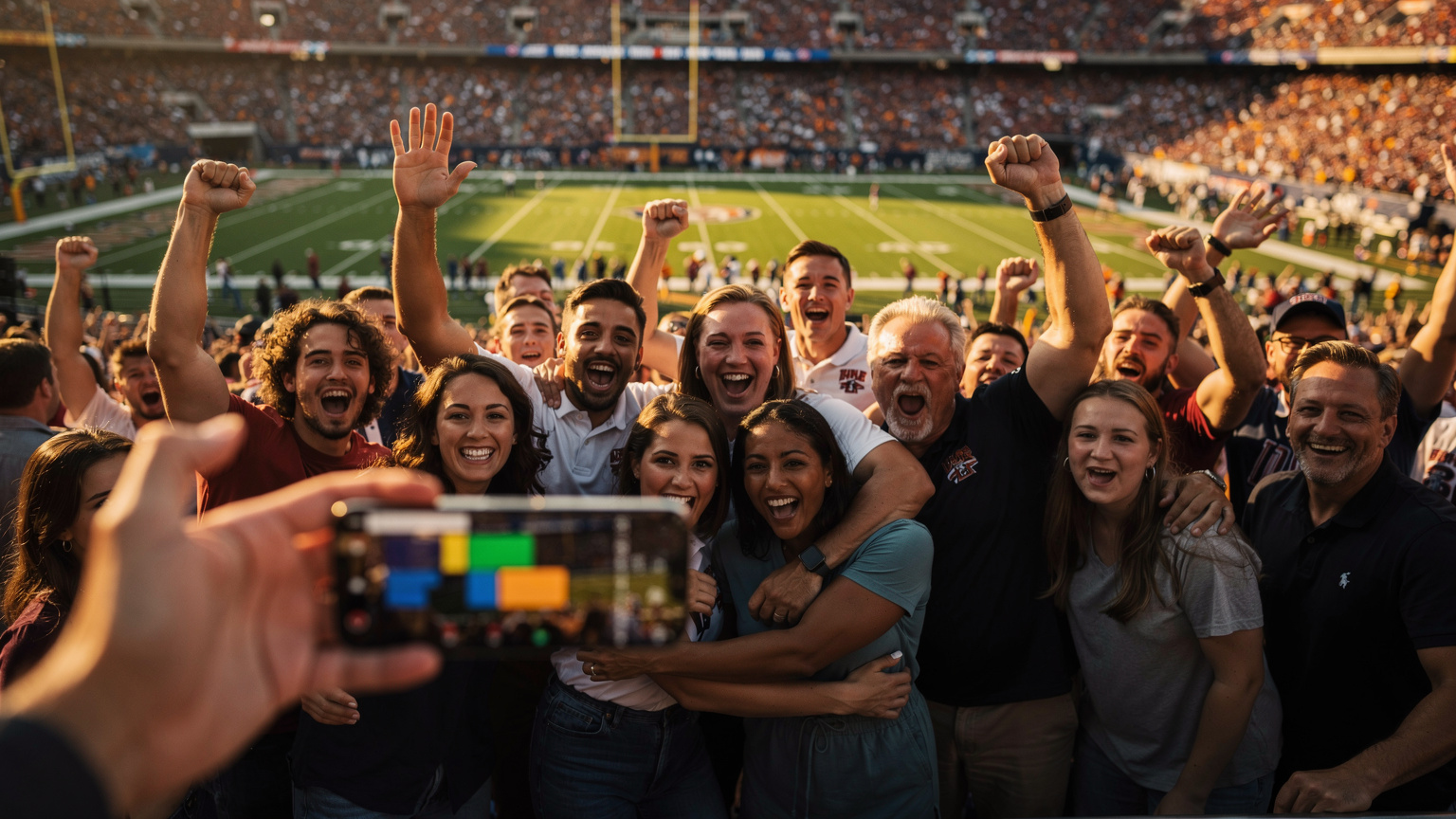 Um grupo de amigos e familiares se abraçando comemorando em um estádio de futebol nos EUA, com a iluminação do entardecer e um iPhone 14 em primeiro plano, exibindo a tela de um aplicativo de esporte.