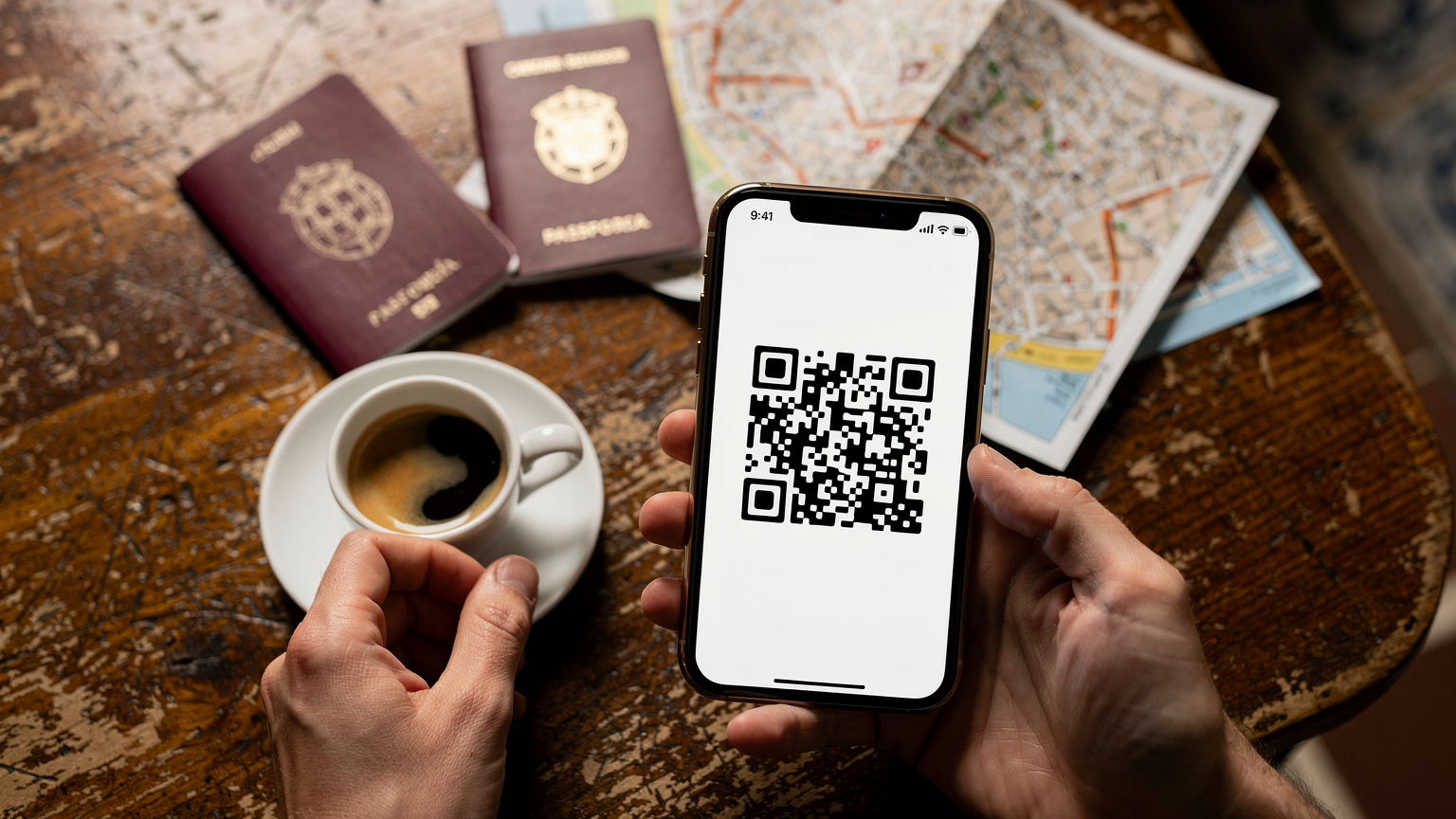 Uma mão segurando um smartphone com um QR code de ativação de eSIM na tela, enquanto a outra mão segura uma xícara de café, com um passaporte e um mapa dobrado na mesa de um café em Lisboa.