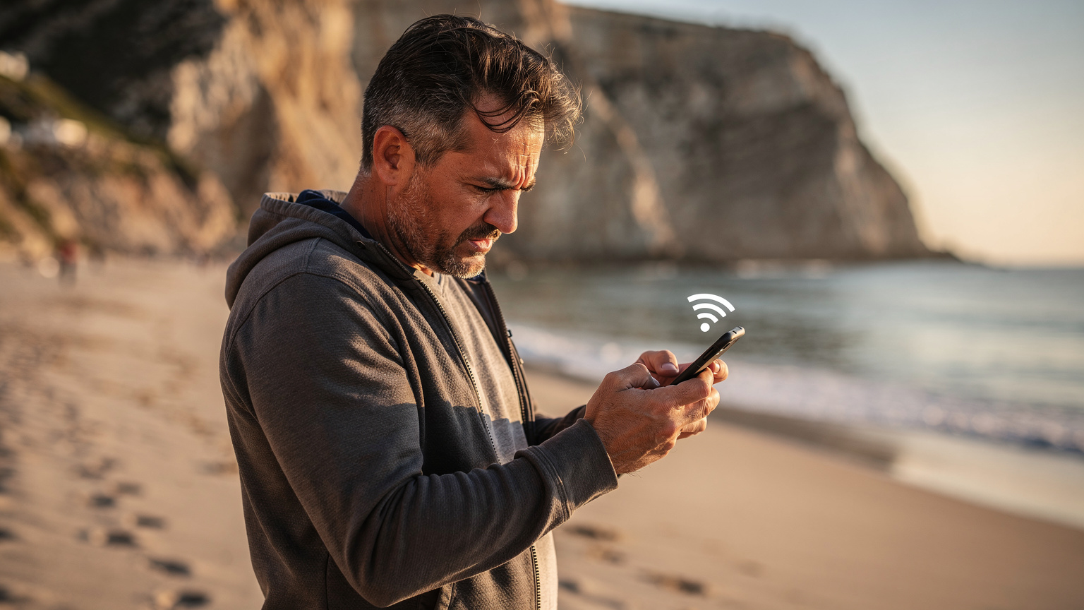Un viajero frustrado mira su teléfono con poca señal en una playa remota de la Costa de la Luz, con un acantilado escarpado al fondo y el mar en calma.