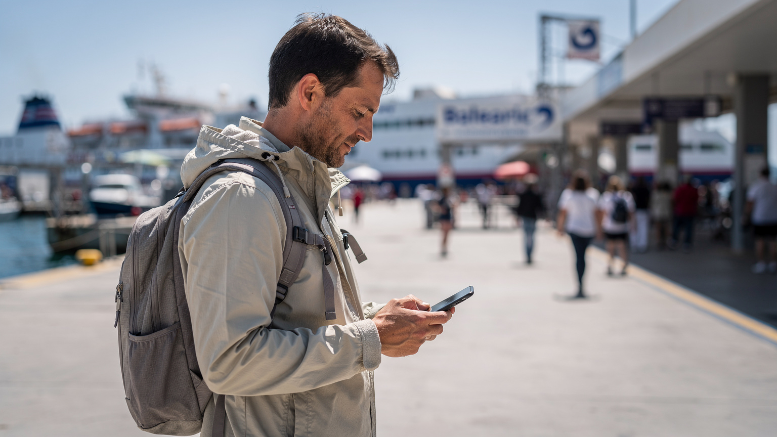 Un viajero consulta un mapa digital en su teléfono mientras espera el ferry en el puerto de Denia, con un cartel de "Balearia" de fondo.