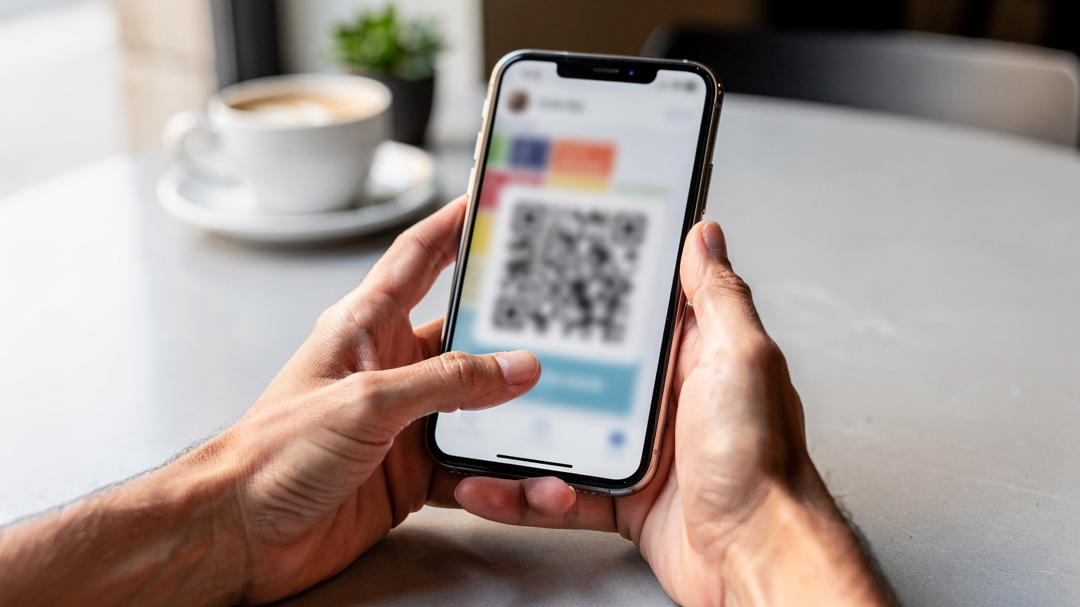 Manos de un viajero sosteniendo un smartphone, mostrando la pantalla de configuración de eSIM con un código QR, en un entorno de café moderno y minimalista en el centro de Valencia.