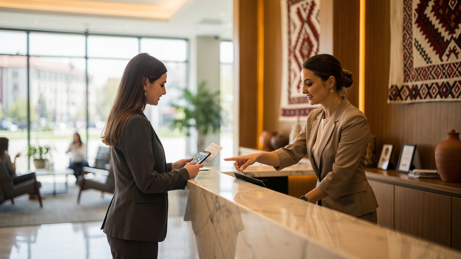 O tânără călătoare arată un cod QR pe ecranul telefonului ei către un recepționer dintr-un hotel modern din București, în timp ce instalează un eSIM.