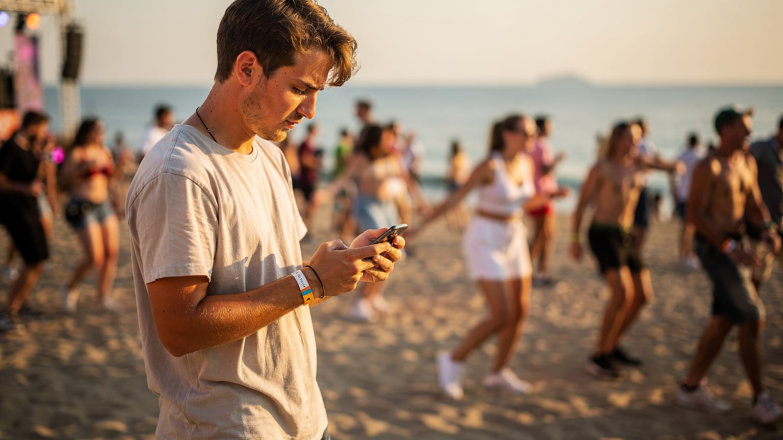 Un tânăr consultă un program de festival pe telefon, în timp ce prietenii săi dansează în fundal la Neversea, pe plajă.