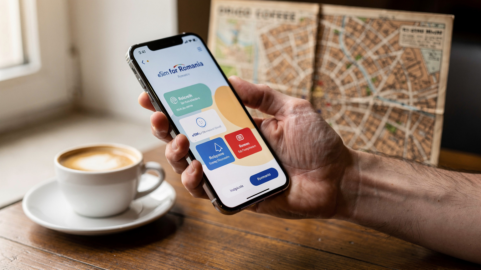 O mână ține un telefon mobil pe care este afișată o pagină web cu planuri eSIM, având în fundal o masă de cafenea cu o ceașcă de cafea și o hartă deschisă a Bucureștiului.