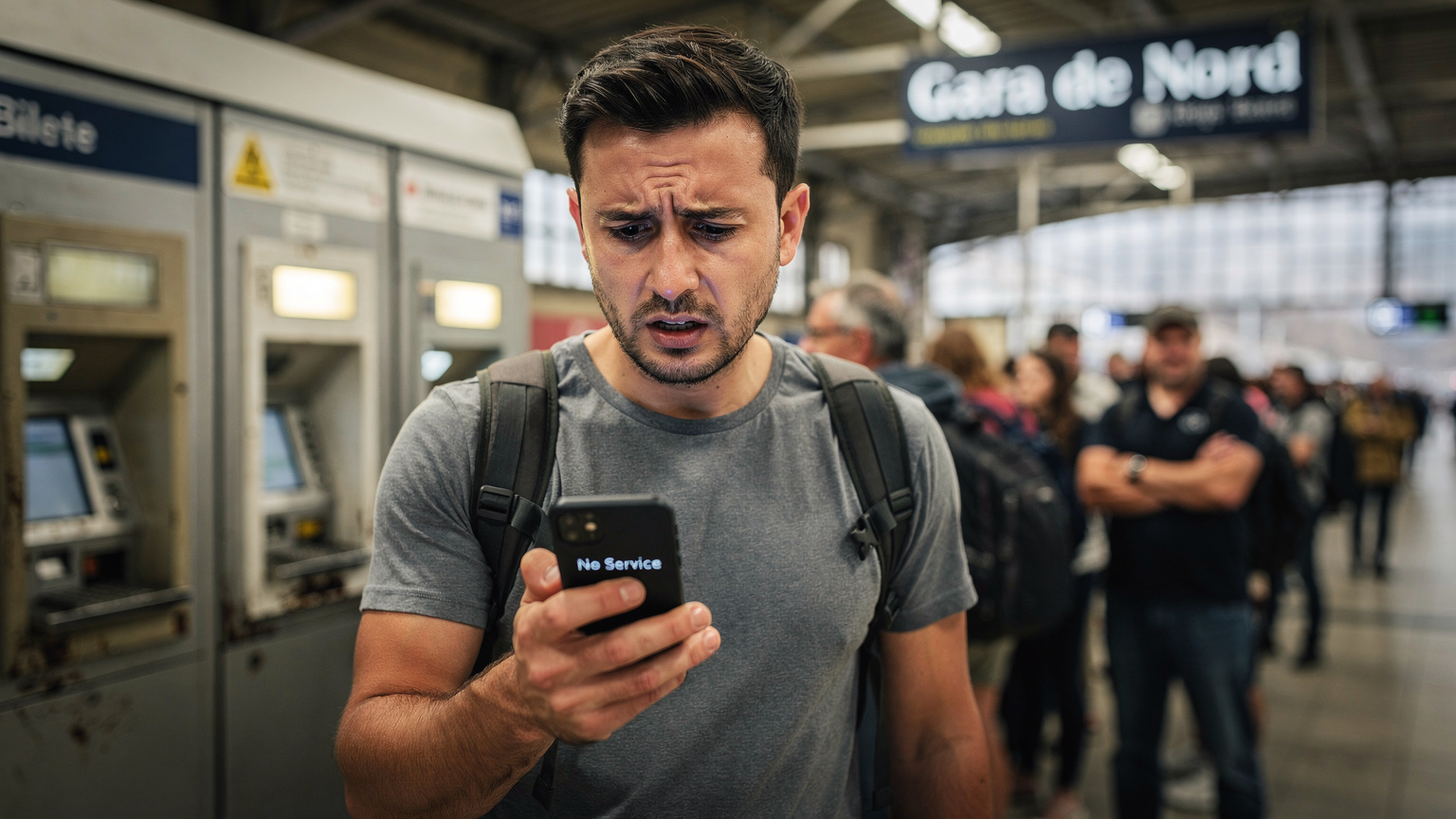 Un călător privește îngrijorat ecranul telefonului său, afișând un mesaj de eroare 'Fără serviciu', în timp ce se află la coada unui chioșc de bilete aglomerat la o gară din București.