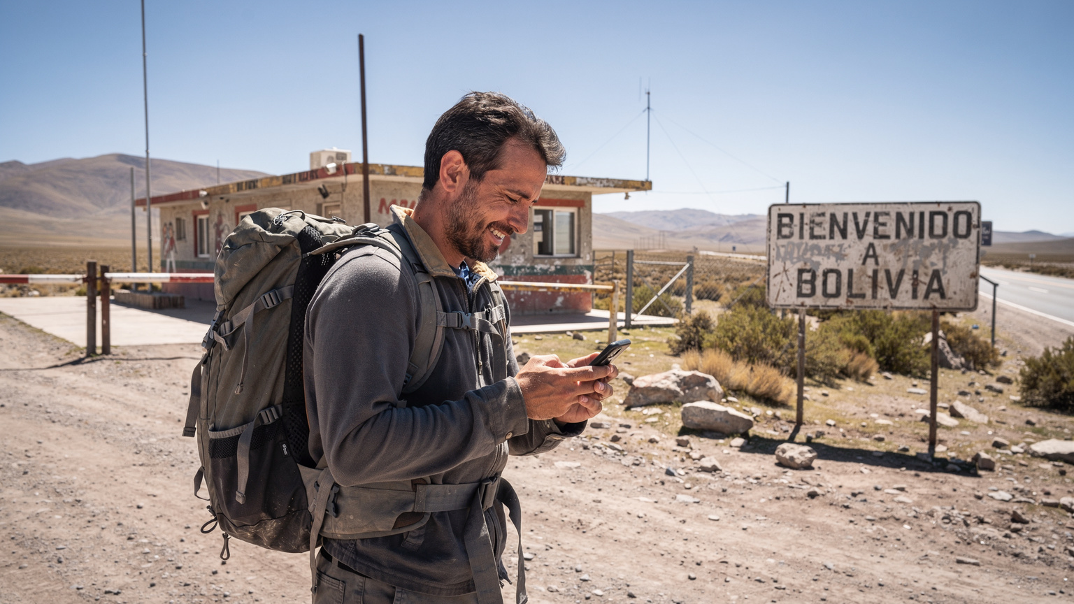 Un viajero cruza la frontera entre Argentina y Bolivia, revisando su teléfono para confirmar la conectividad.