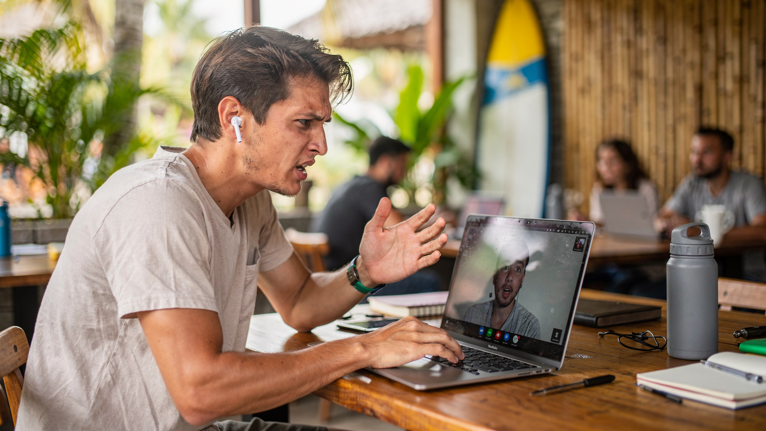 Un nómada digital frustrado con su laptop, mirando una pantalla congelada en una videollamada debido a una conexión Wi-Fi inestable en un coworking de Bali.