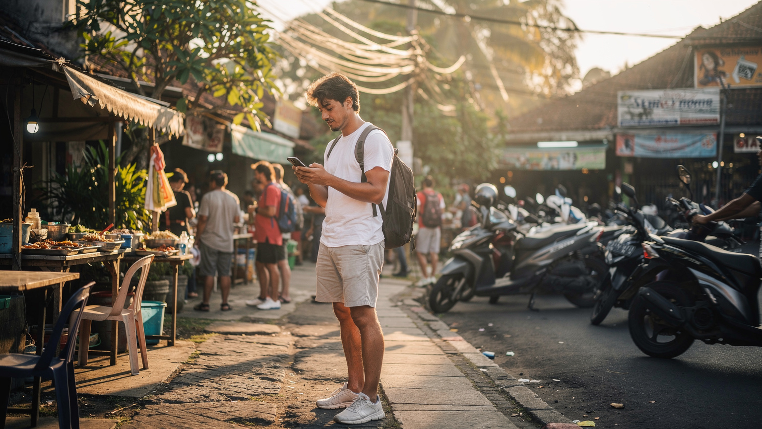 Un nómada digital usando su teléfono para pedir un Gojek o Grab en una calle concurrida de Canggu, Bali, con scooters y puestos de comida de fondo, mostrando la utilidad de una conexión fiable.