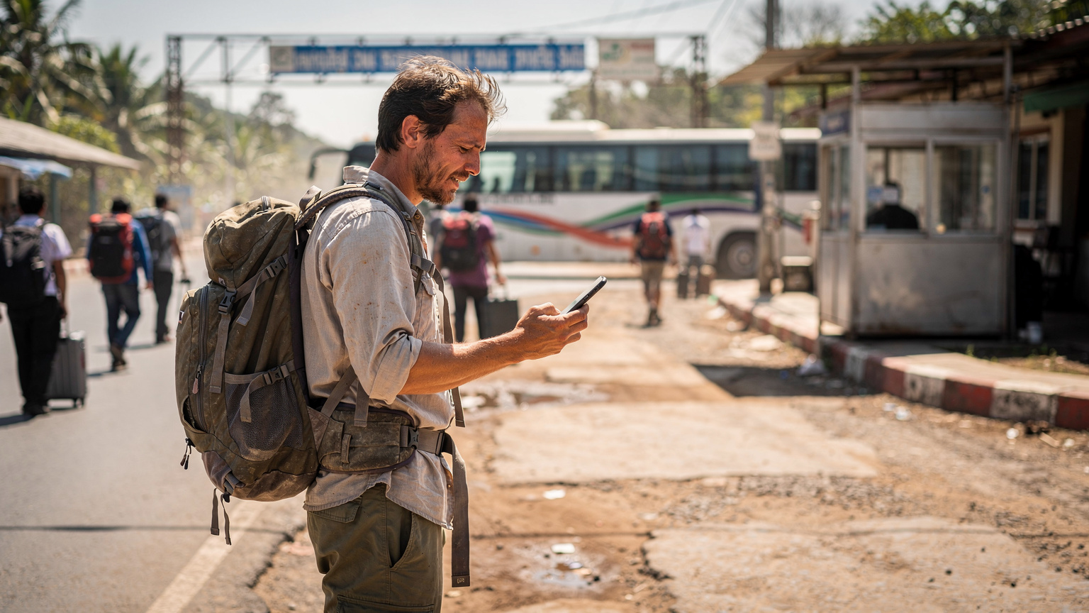 Un viajero con mochila, mirando su smartphone con una expresión de alivio mientras cruza una frontera terrestre en el sudeste asiático, con un cartel fronterizo borroso de fondo, simbolizando la conexión sin interrupciones.