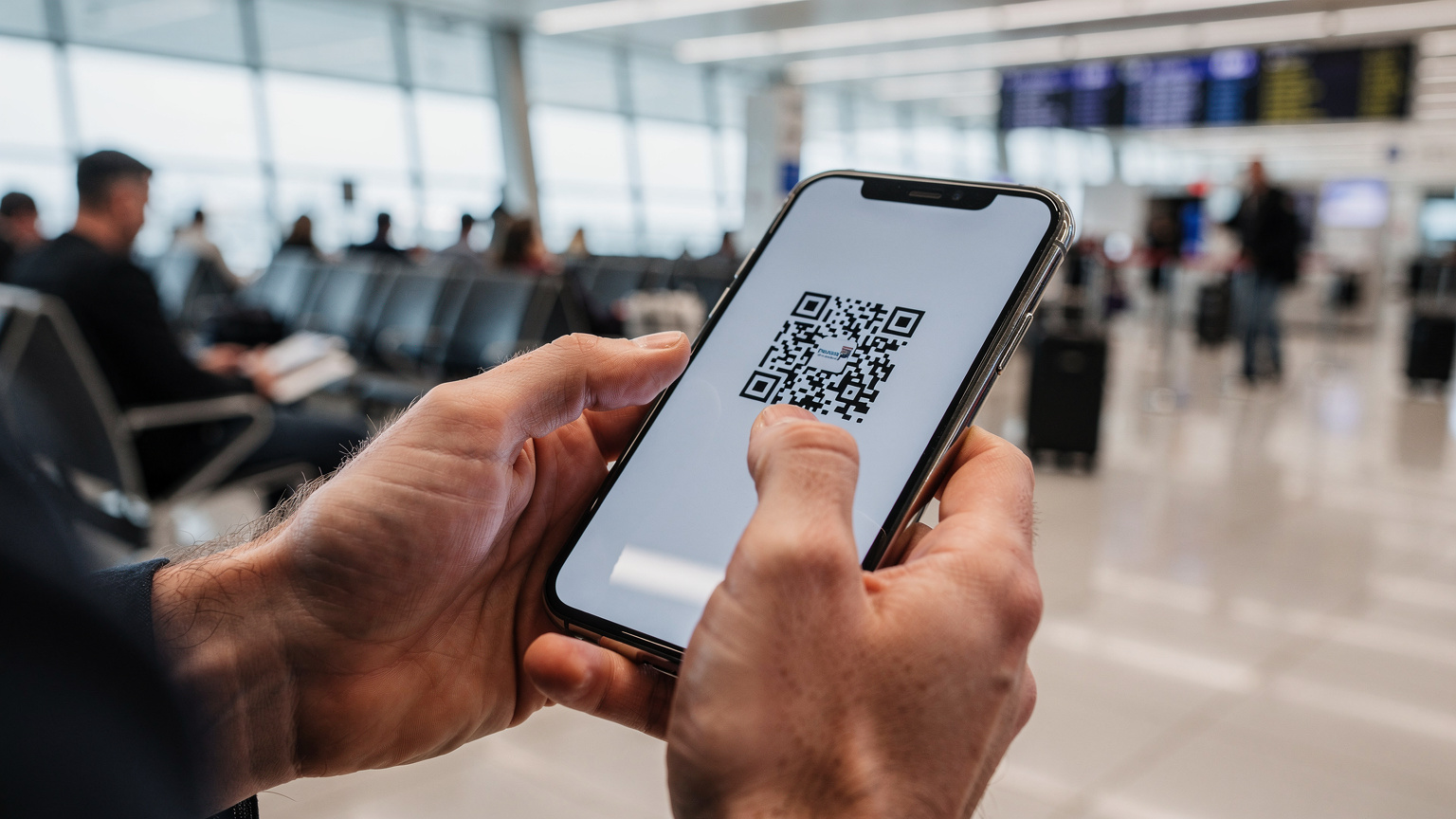 Manos de un viajero sosteniendo un smartphone, mostrando el proceso de escaneo de un código QR para activar una eSIM, con un fondo ligeramente desenfocado de un aeropuerto.