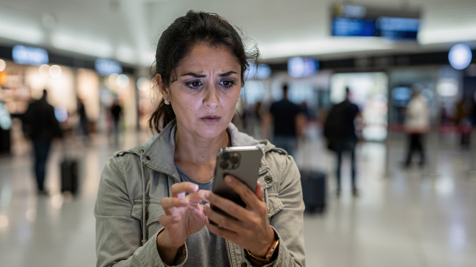 Une femme visiblement préoccupée tenant son téléphone à l'aéroport de Marrakech, l'écran affichant une erreur de connexion, avec des valises et des voyageurs en arrière-plan.