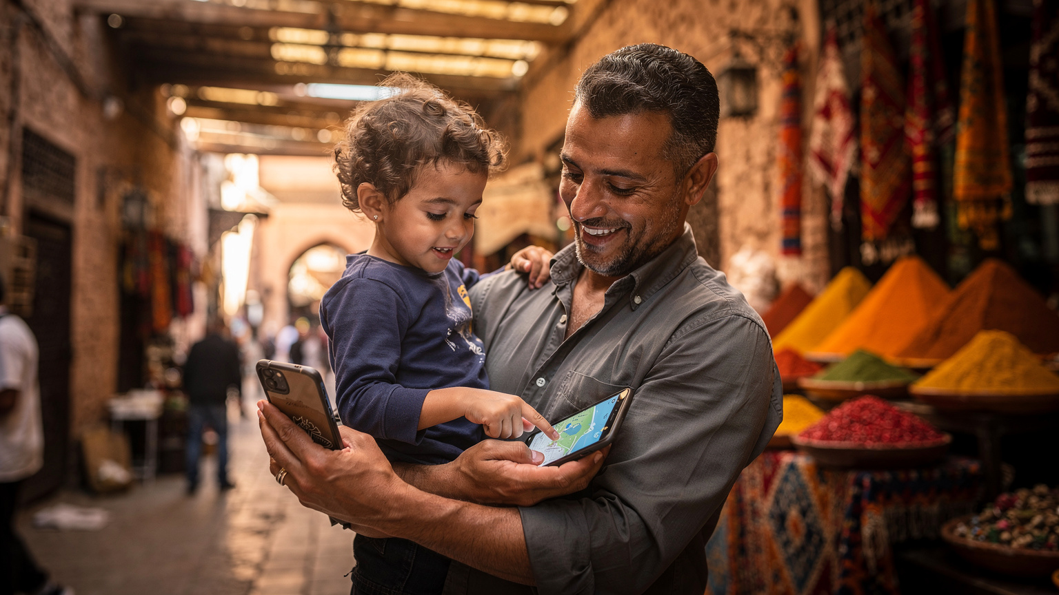 Un père et son enfant souriants regardant ensemble une carte numérique sur un smartphone dans un souk marocain, l'atmosphère du marché en arrière-plan.
