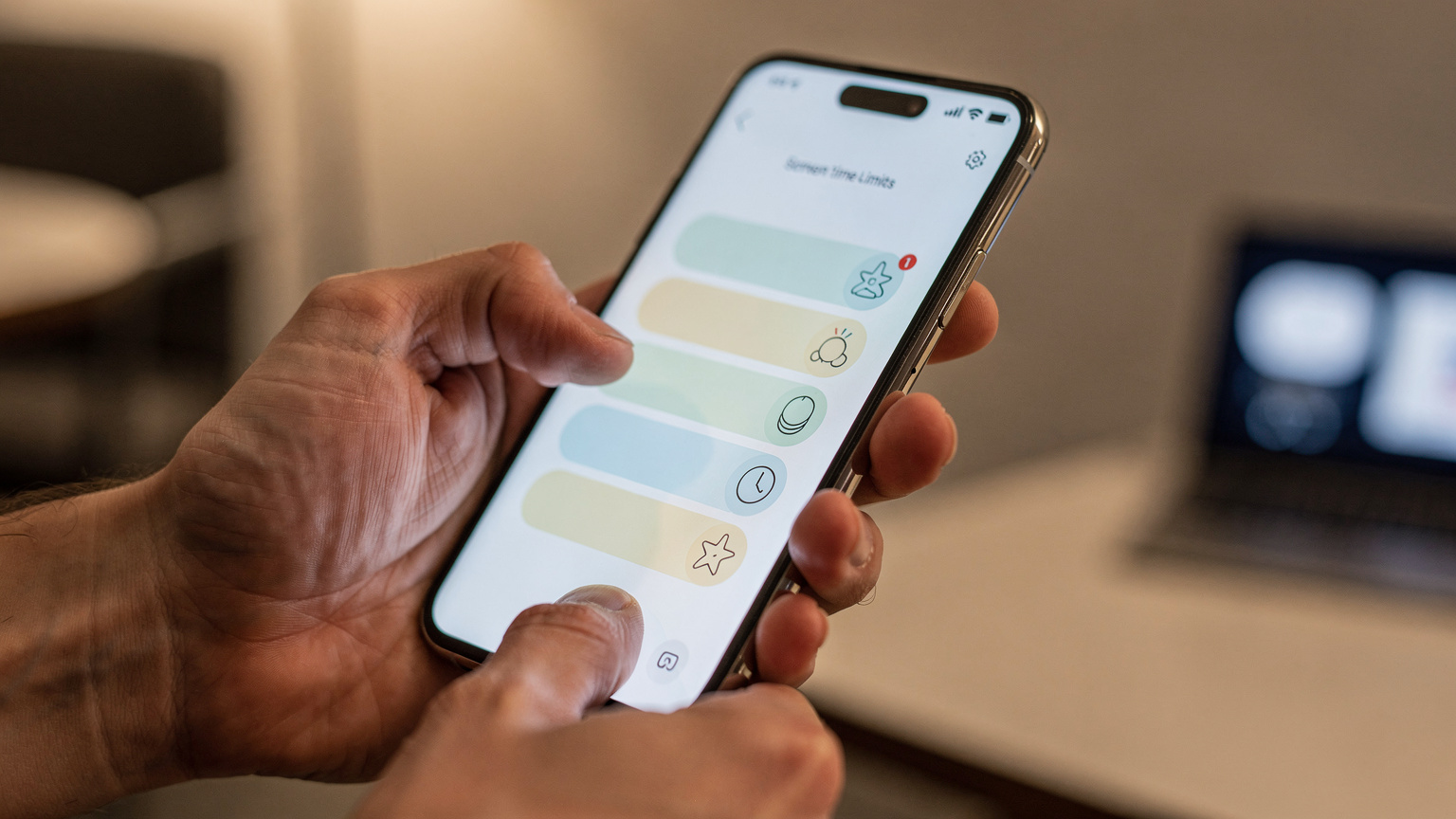 Une main adulte tenant un smartphone affichant une application de contrôle parental, avec des icônes de Wi-Fi et de batterie faible en arrière-plan symbolisant la gestion des données en voyage.