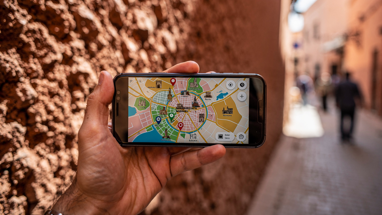 Un smartphone affichant une carte détaillée de Marrakech avec des points d'intérêt, tenu par une main devant un mur ancien de la Médina.