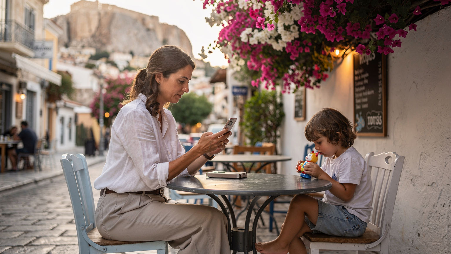 Μια μητέρα με το παιδί της σε ένα καφέ στην Πλάκα, Αθήνα, εγκαθιστά μια eSIM στο iPhone 16 της.