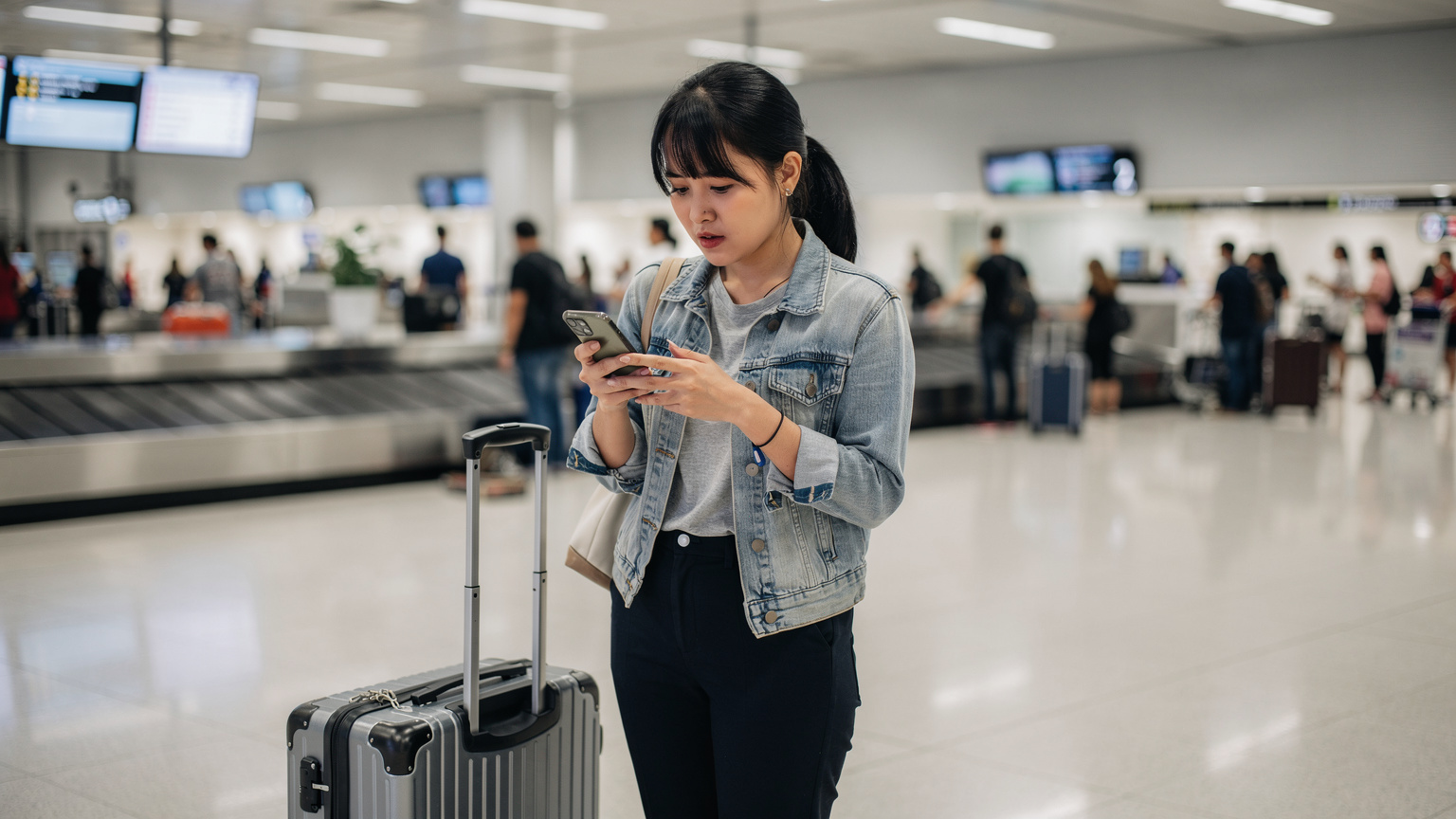 Một phụ nữ trẻ đang bối rối nhìn vào màn hình điện thoại tại khu vực chờ hành lý ở sân bay Changi, Singapore, với hành lý và đám đông xung quanh.