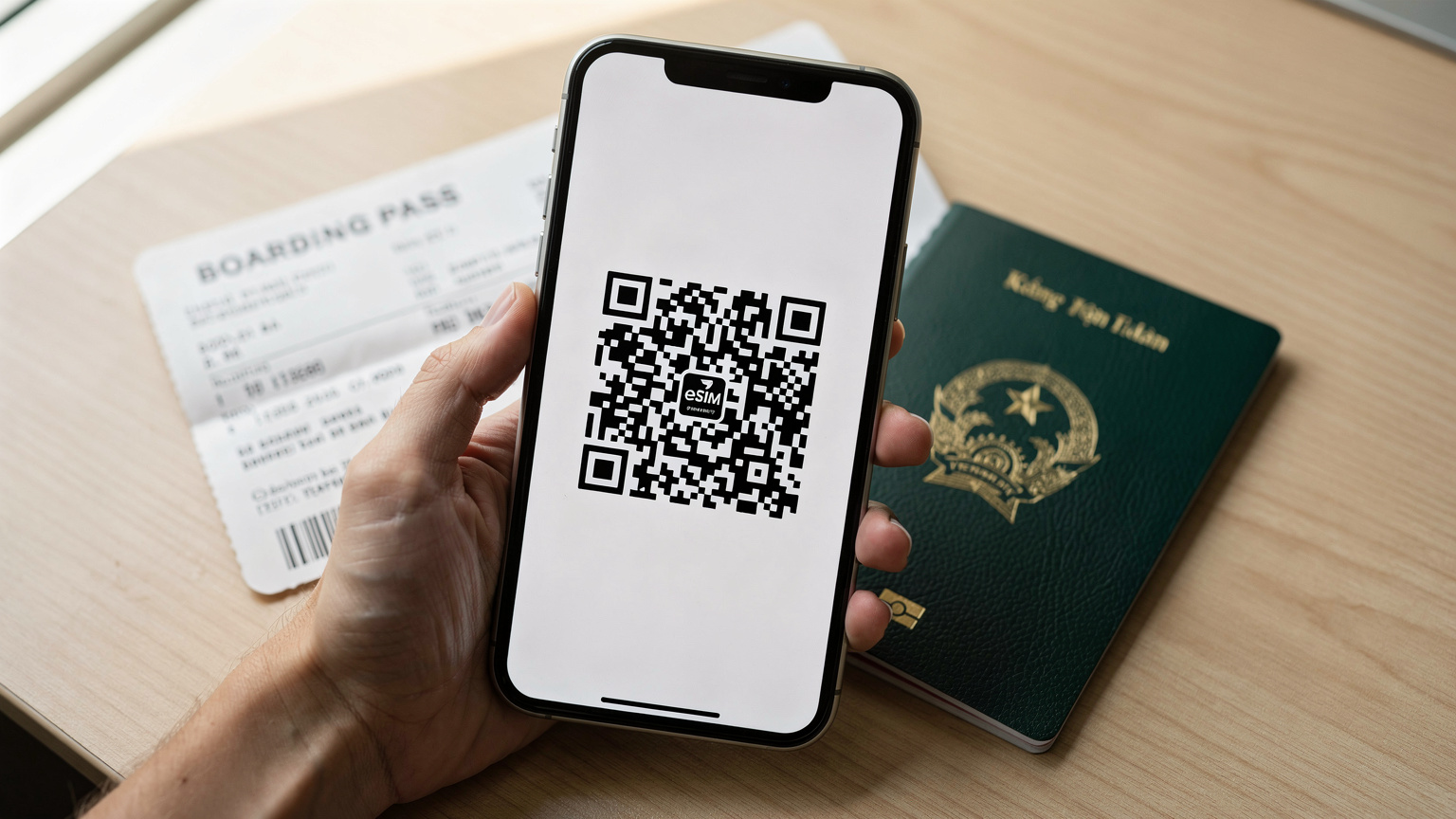 Một bàn tay đang cầm điện thoại thông minh, màn hình hiển thị mã QR của eSIM, sẵn sàng để quét và kích hoạt, trên nền là hộ chiếu và vé máy bay.