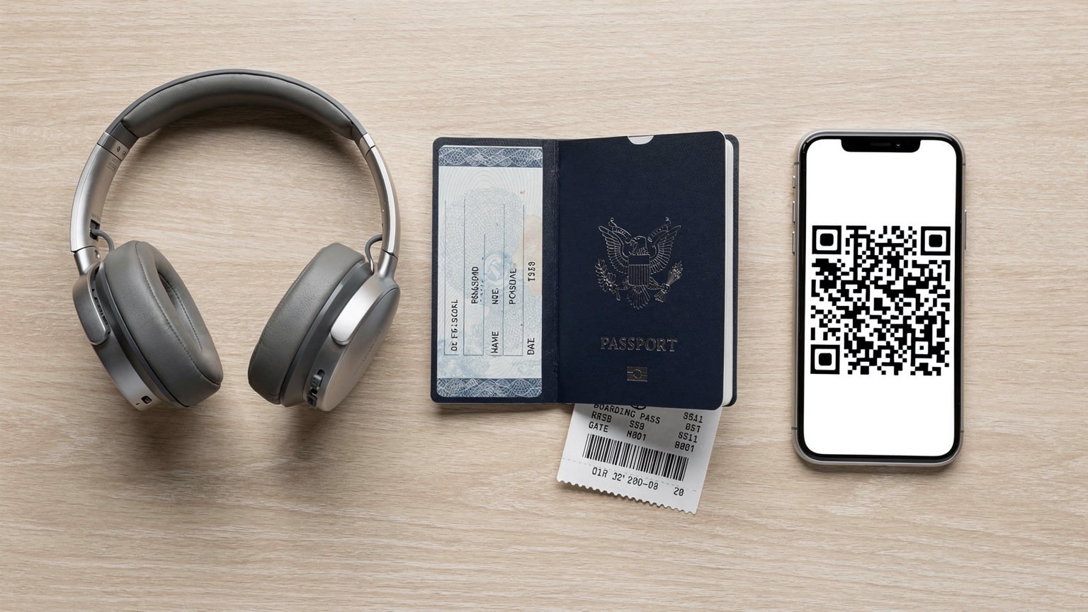 A close-up, overhead flat-lay of travel essentials: a passport, a smartphone displaying a QR code for eSIM activation, noise-cancelling headphones, and a boarding pass on a light wooden table at an airport lounge.
