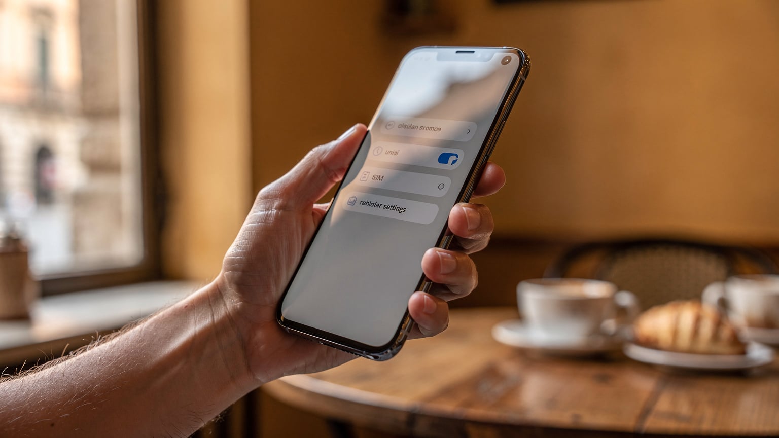A close-up of a hand holding a smartphone, displaying the eSIM setup menu with multiple profiles, against a softly blurred background of a European cafe.