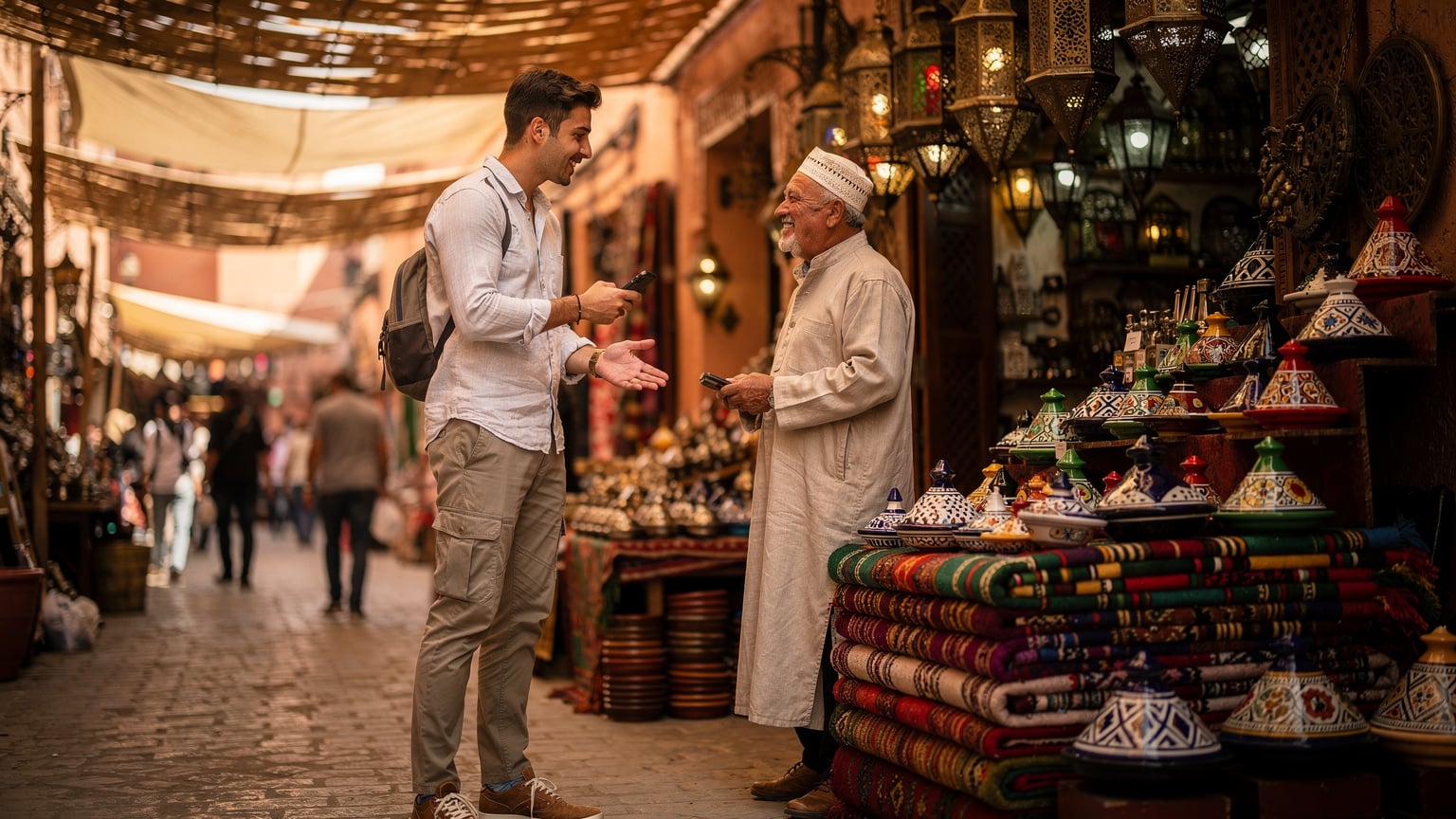 A traveler in a bustling Moroccan souk, haggling with a vendor while discreetly checking their phone for currency conversion, showing a blend of local culture and modern connectivity.