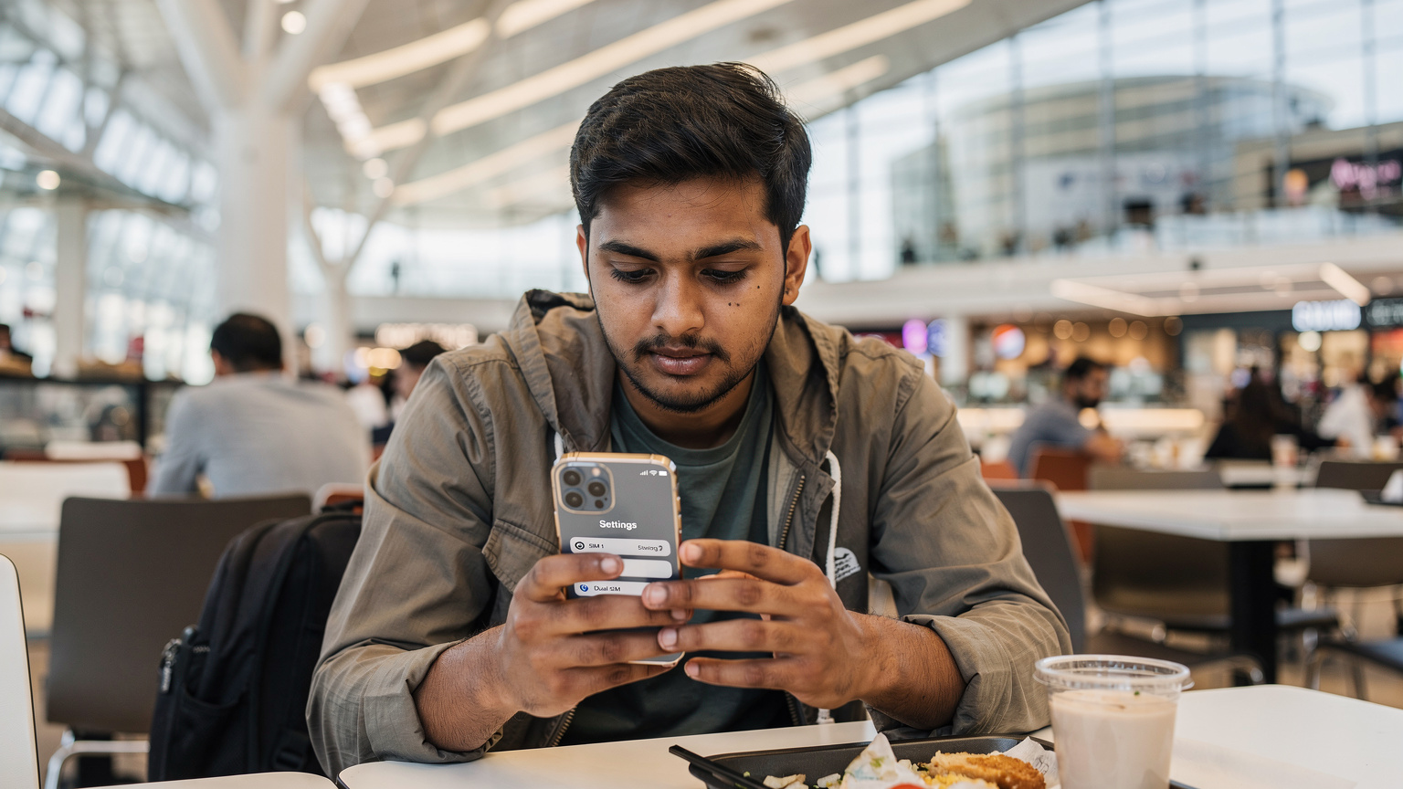 एक भारतीय छात्र दुबई मॉल में अपने iPhone पर ड्यूल सिम सेटिंग्स को देख रहा है, एक eSIM और एक फिजिकल सिम एक्टिव है।