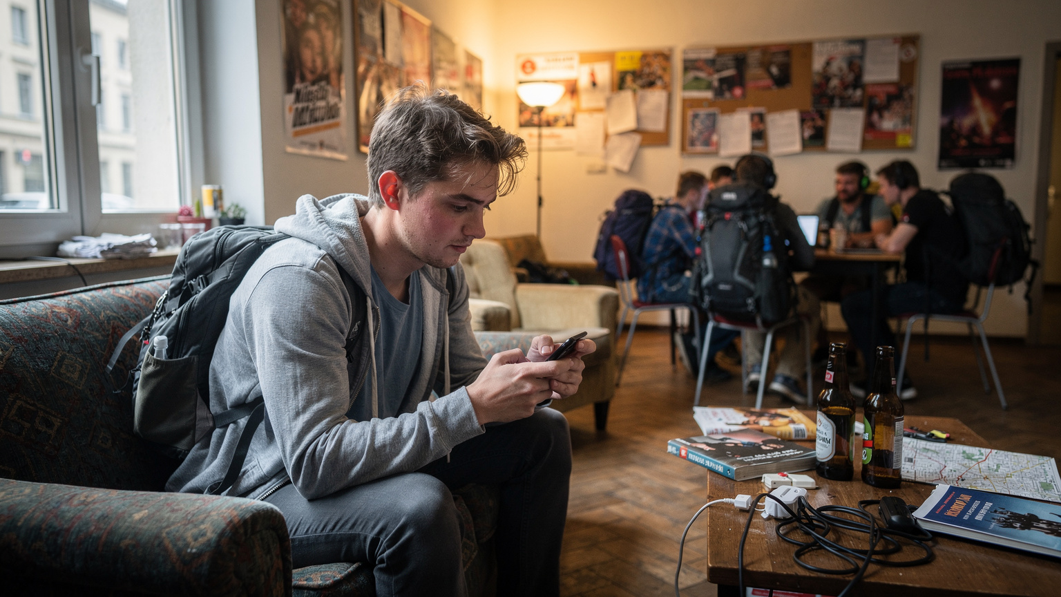 Ένας backpacker προσπαθεί να συνδεθεί σε ένα αδύναμο Wi-Fi σήμα σε ένα πολυσύχναστο hostel στην περιοχή Kreuzberg του Βερολίνου, με εμφανή την απογοήτευση στο πρόσωπό του.