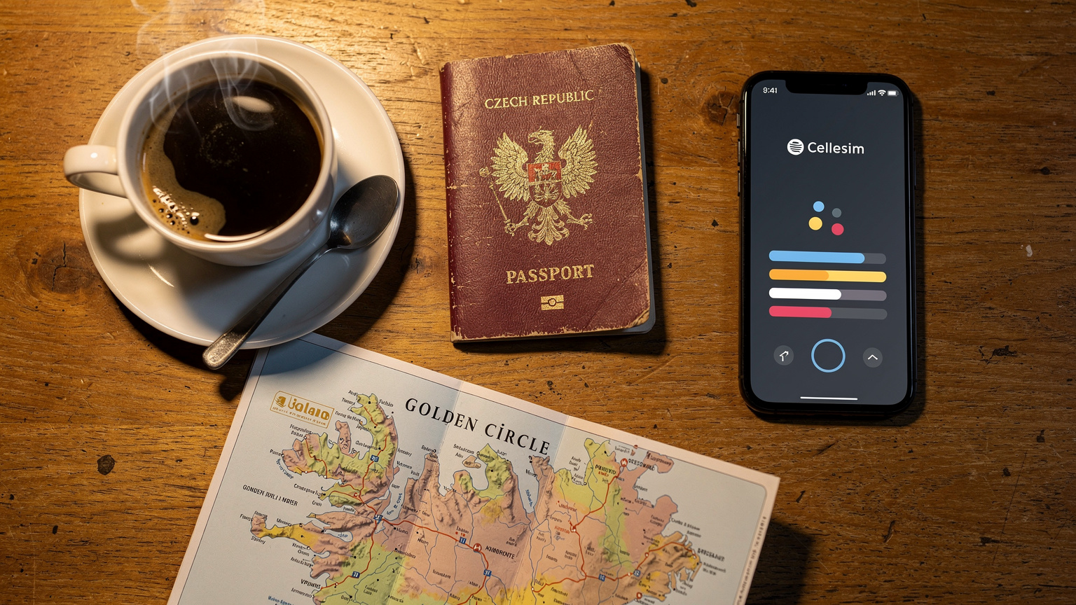 Pohled shora na stůl v kavárně v Reykjavíku, kde je pas, smartphone s Cellesim eSIM, šálek islandské kávy a turistická mapa Zlatého okruhu.