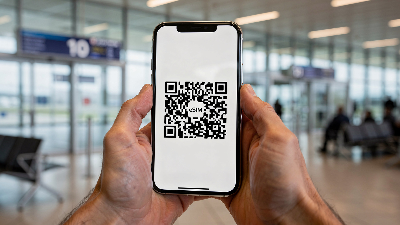 Detailní záběr rukou držících smartphone se zobrazeným QR kódem pro aktivaci eSIM, na pozadí rozmazaný interiér letištní haly.