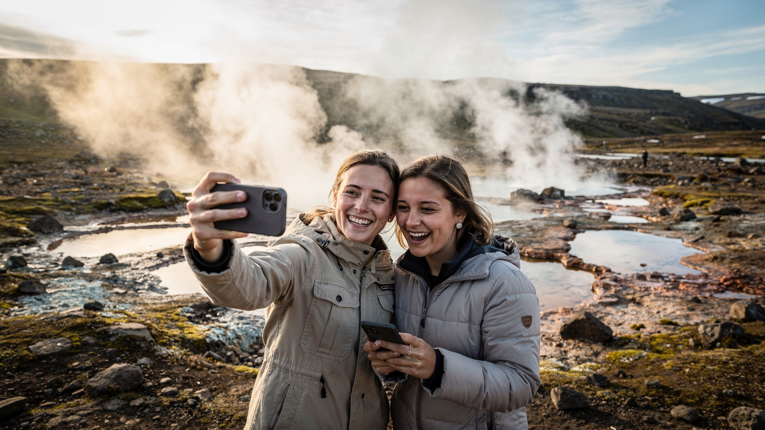 Usměvavý pár si pořizuje selfie před geotermálním pramenem, v pozadí stoupá pára, oba drží telefony a sdílí moment online.