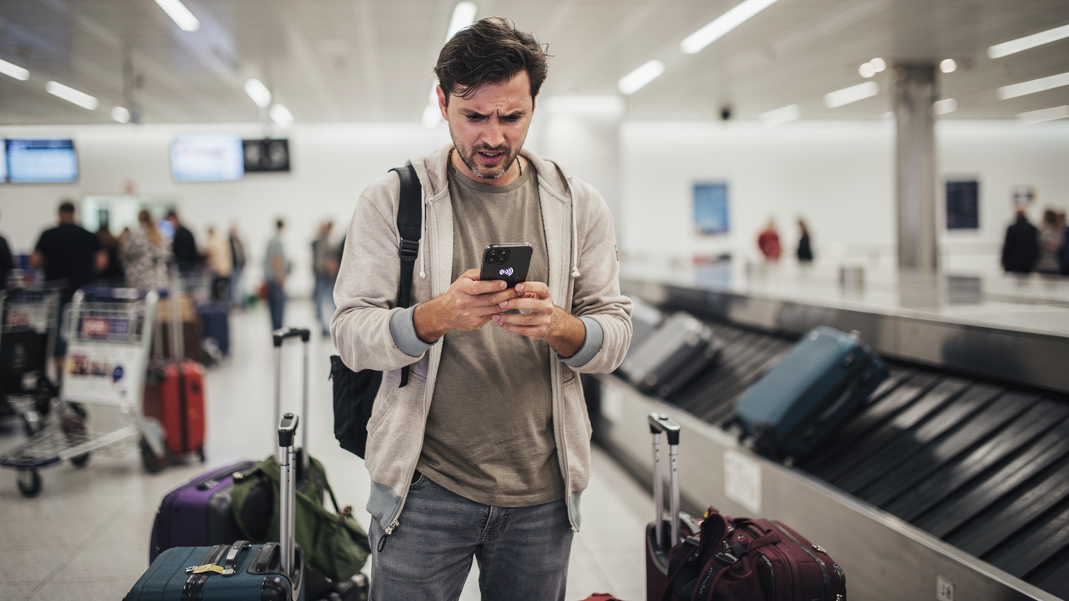 A traveler looking slightly stressed at an airport baggage claim, holding their phone with a 'No Service' icon, perhaps trying to connect to Wi-Fi or activate an eSIM.