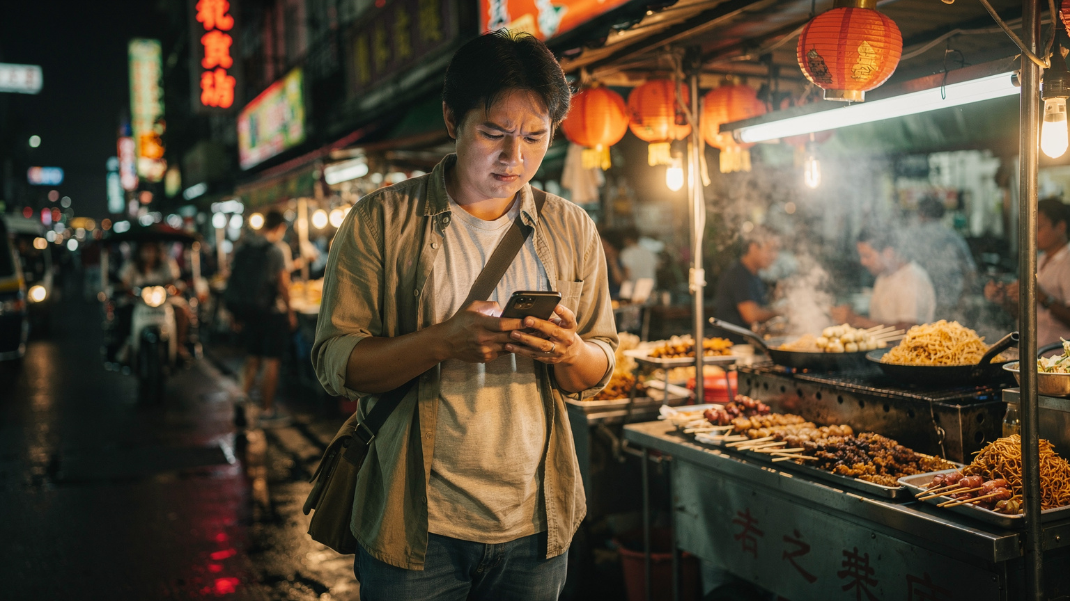 A person standing in front of a bustling street food stall in Southeast Asia, looking at their phone screen with a slight look of concern, perhaps checking data usage or navigating.