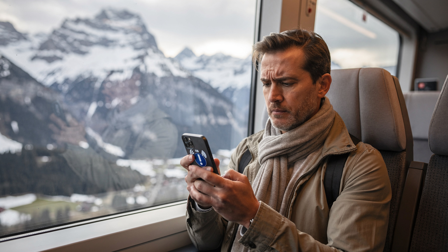 Un viajero con aspecto preocupado mirando su teléfono, que muestra un icono de señal débil o 'sin servicio', a bordo de un tren panorámico suizo mientras pasa por un paisaje montañoso nevado y remoto.