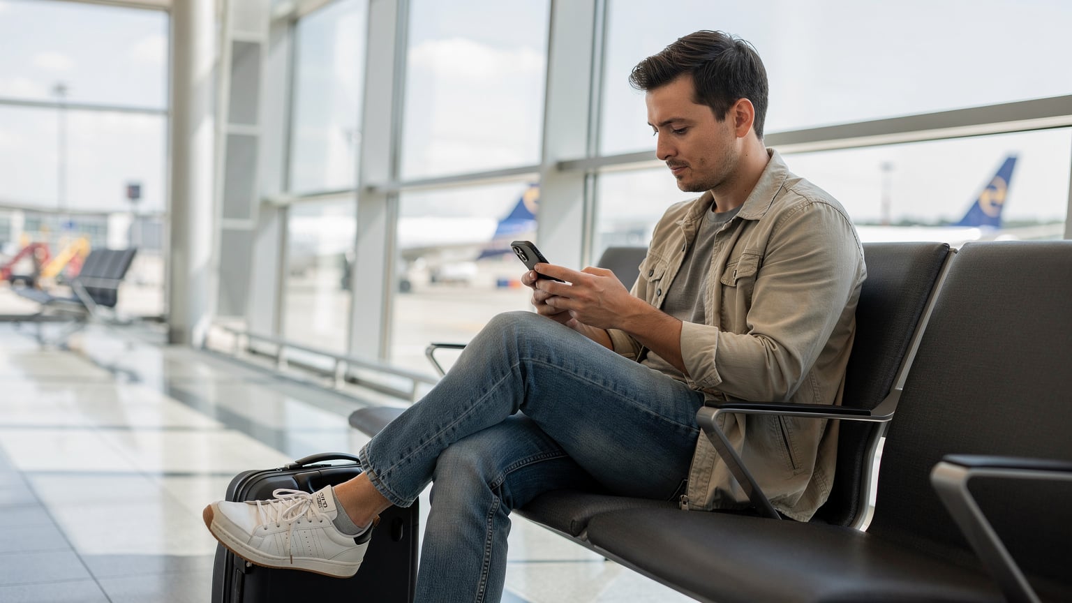 Una persona con un smartphone en la mano, activando una eSIM mientras espera en la terminal de embarque del aeropuerto de Zúrich, con aviones y la pista de aterrizaje visible al fondo a través de una ventana.