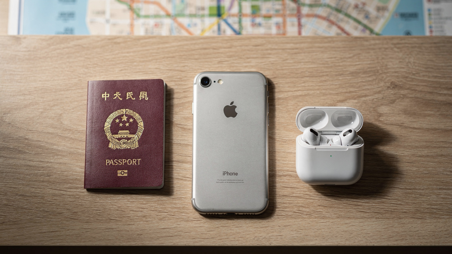 一張護照、一部iPhone手機和一副耳機整齊地擺放在一張桌上,背景是模糊的香港地圖,營造出旅行準備的氛圍。