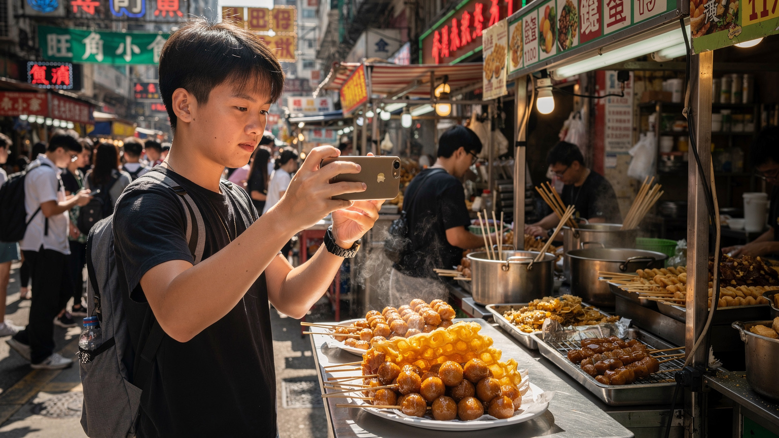 一名中國遊客在香港旺角街頭的小吃攤前,正用手機拍攝美食並上傳分享,周圍是熱鬧的人群和招牌。