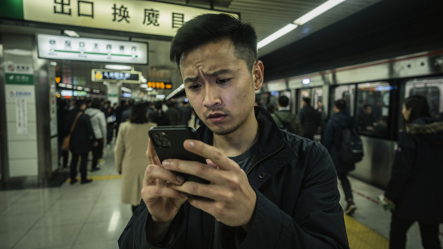 Seorang lelaki muda Asia yang kelihatan risau sedang memegang telefonnya di stesen kereta api bawah tanah Beijing yang sesak, dikelilingi oleh papan tanda berbahasa Mandarin.