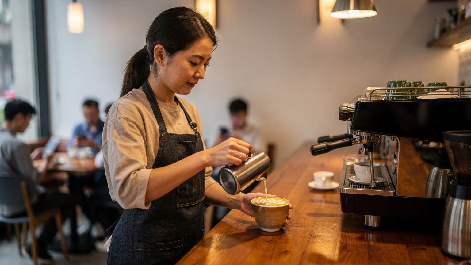 Seorang barista wanita di kafe moden di daerah Chaoyang, Beijing, sedang menyediakan kopi latte untuk pelanggan yang menggunakan telefon mereka di latar belakang.
