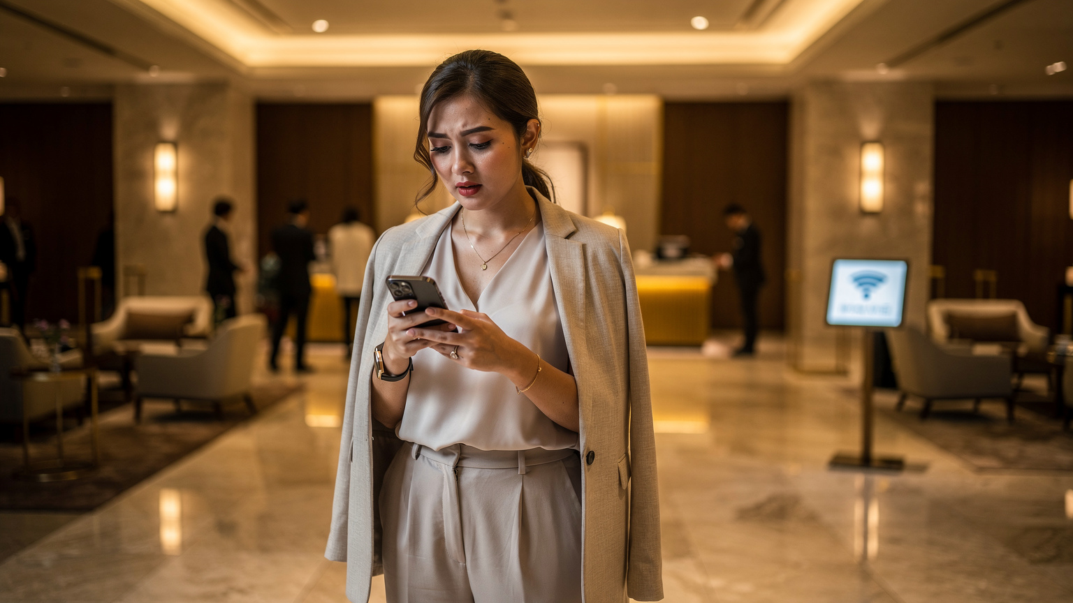 Seorang wanita sedang melihat ponselnya dengan ekspresi sedikit cemas di lobi hotel yang ramai di Ginza, Tokyo, sementara di latar belakang ada papan tanda Wi-Fi hotel. Cahaya interior yang hangat dan fokus pada interaksi.