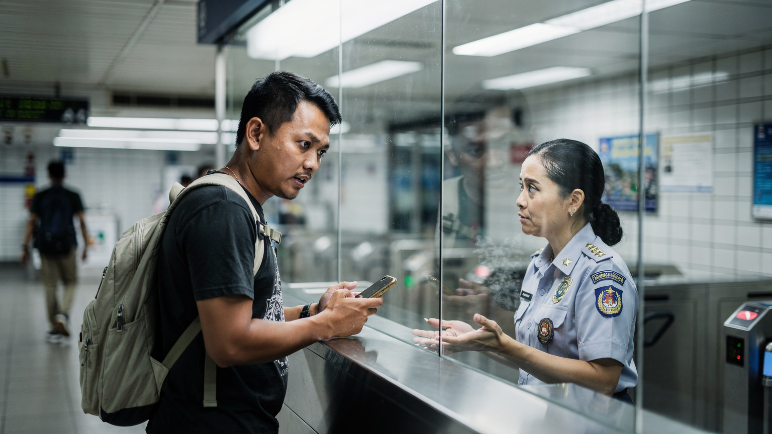 Seorang pria Indonesia sedang berinteraksi dengan petugas di loket tiket stasiun kereta bawah tanah (MRT) di Bangkok, Thailand, tampak bingung atau frustrasi dengan pembelian tiket fisik, menunjukkan kesulitan dalam perjalanan tanpa koneksi internet yang lancar.